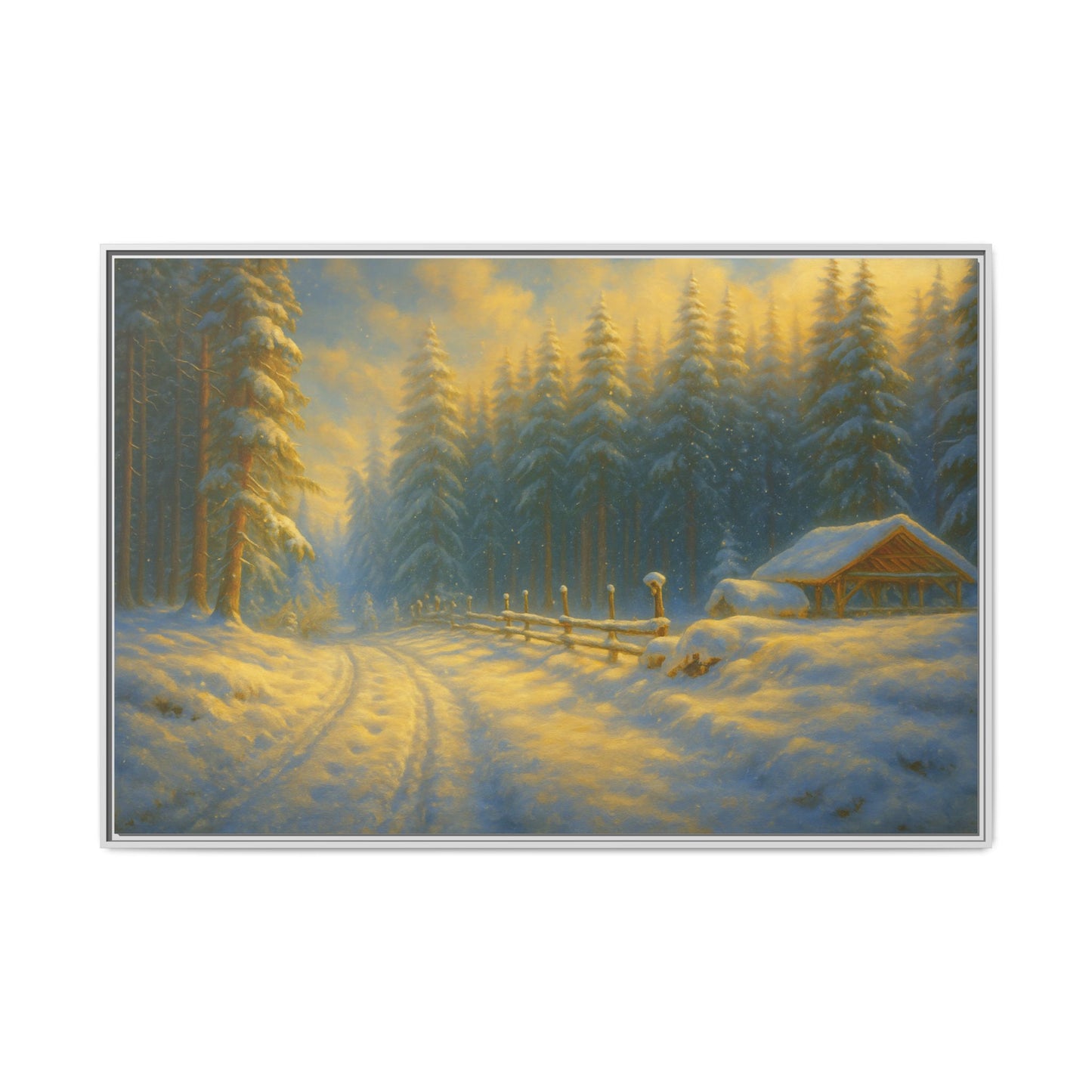 Framed winter cabin canvas print featuring a snowy forest sunset wall art by Printify, showcasing a cozy winter scene.