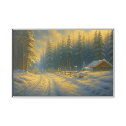Framed winter cabin canvas print featuring a snowy forest sunset wall art by Printify, showcasing a cozy winter scene.
