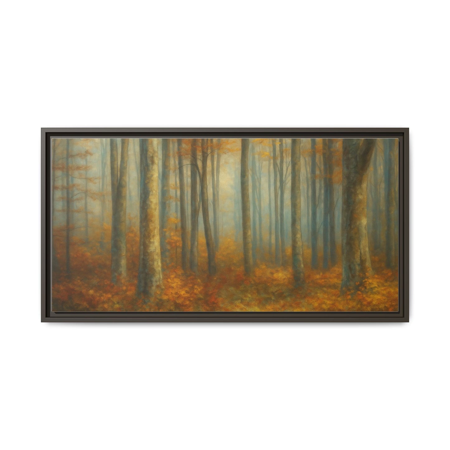 Framed autumn forest canvas print showcasing misty woodland scene, wall art by Printify with natural fall colors and detailed trees.