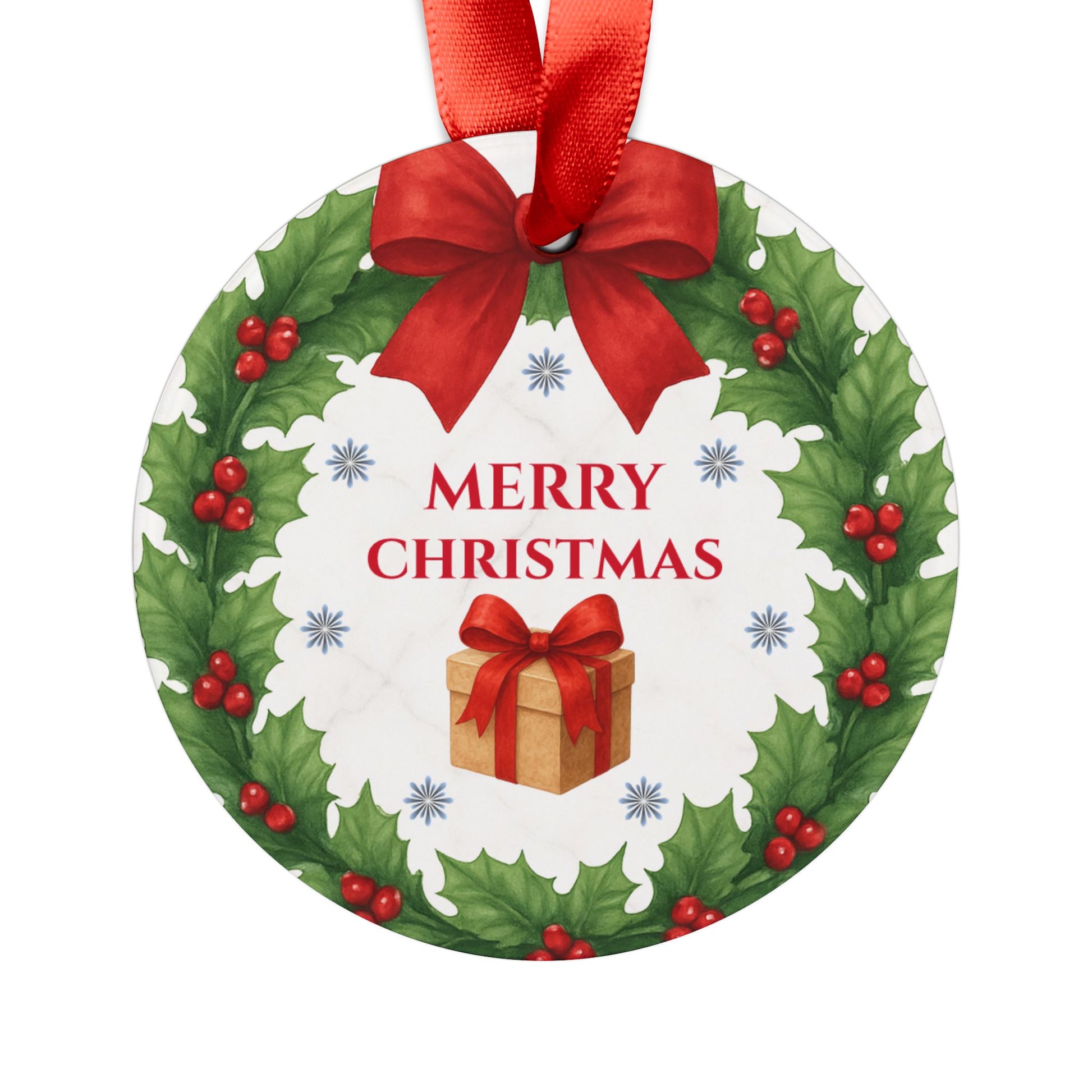 Round acrylic Merry Christmas wreath ornament with festive holiday design, ideal for Christmas decor and gift embellishments.