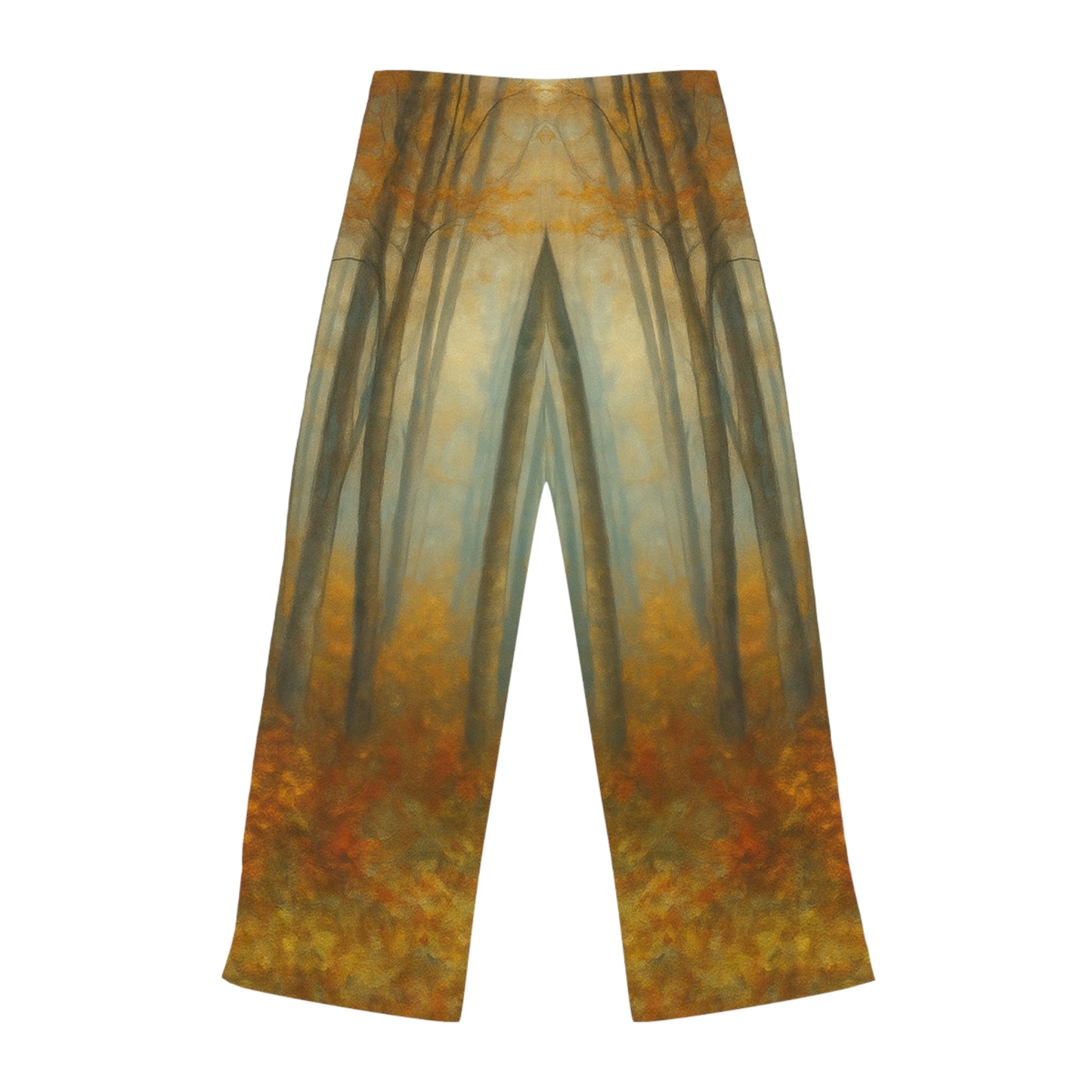 Autumn Forest women's pajama pants with all-over fall leaf print, cozy lounge sleepwear by Printify, featuring a comfortable relaxed fit.