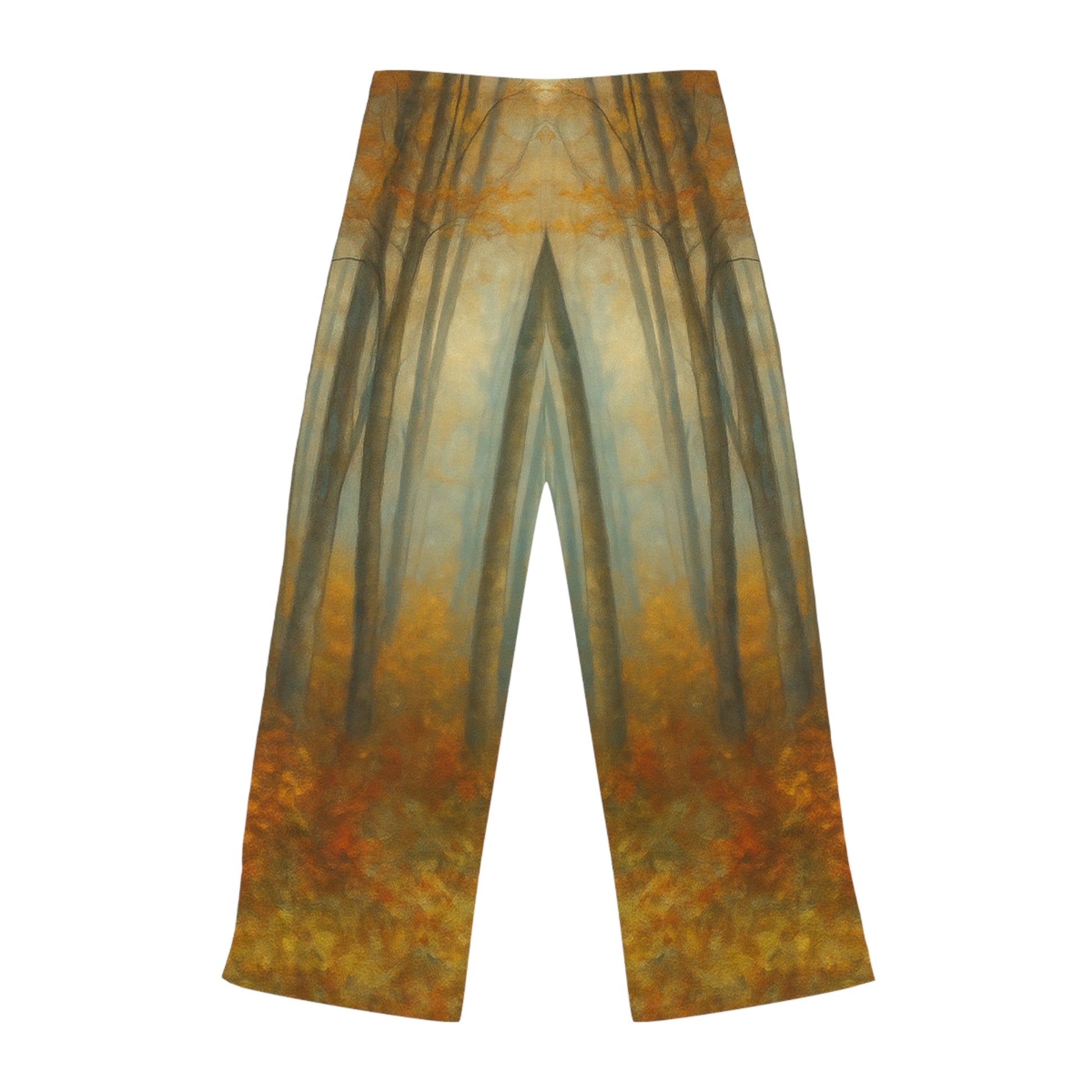 Autumn Forest women's pajama pants with all-over fall leaf print, cozy lounge sleepwear by Printify, featuring a comfortable relaxed fit.