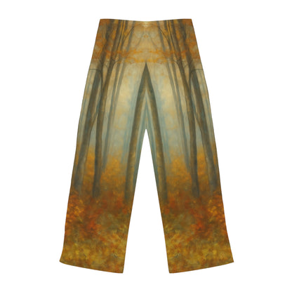 Autumn Forest women's pajama pants with all-over fall leaf print, cozy lounge sleepwear by Printify, featuring a comfortable relaxed fit.