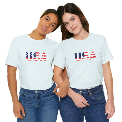 USA flag patriotic T-shirt with text design, perfect for Fourth of July celebrations, made by Printify.