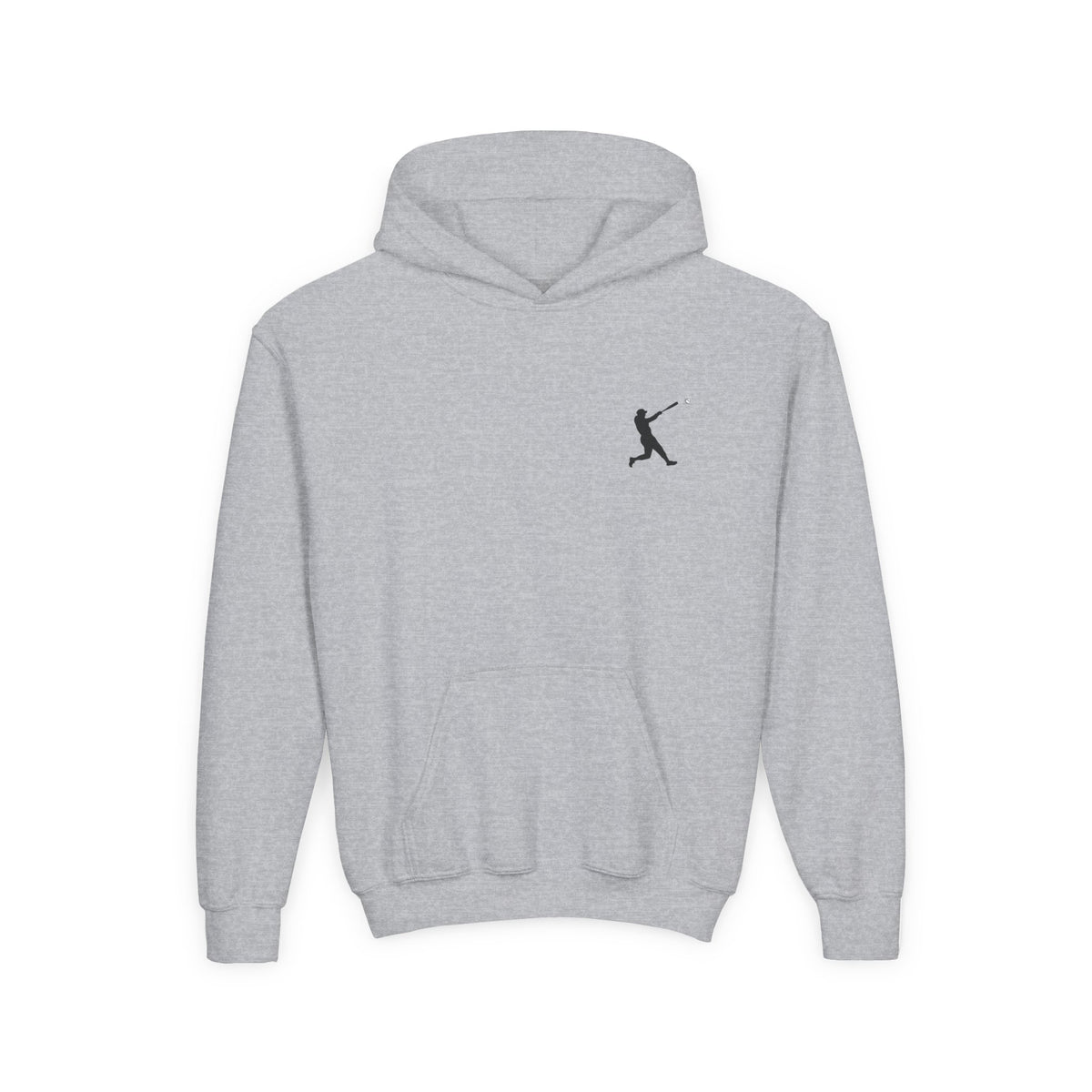 Youth baseball silhouette hoodie for kids, featuring a baseball player print, comfortable pullover design by Printify.