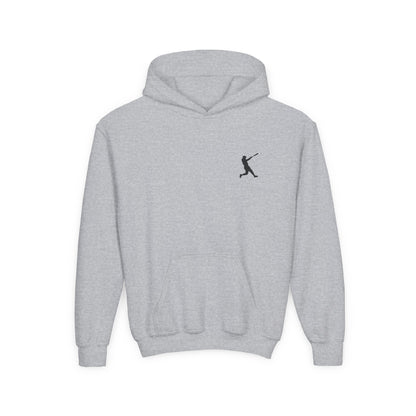 Youth baseball silhouette hoodie for kids, featuring a baseball player print, comfortable pullover design by Printify.
