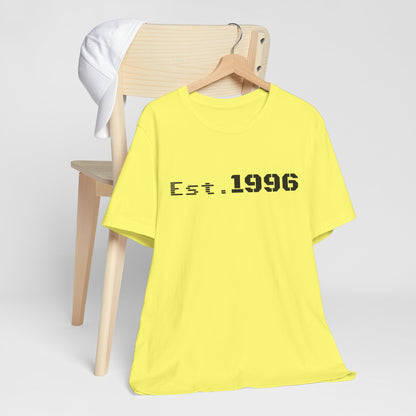 Vintage Est. 1996 T-shirt by Printify featuring a classic design, perfect as a birthday gift representing a birth year.