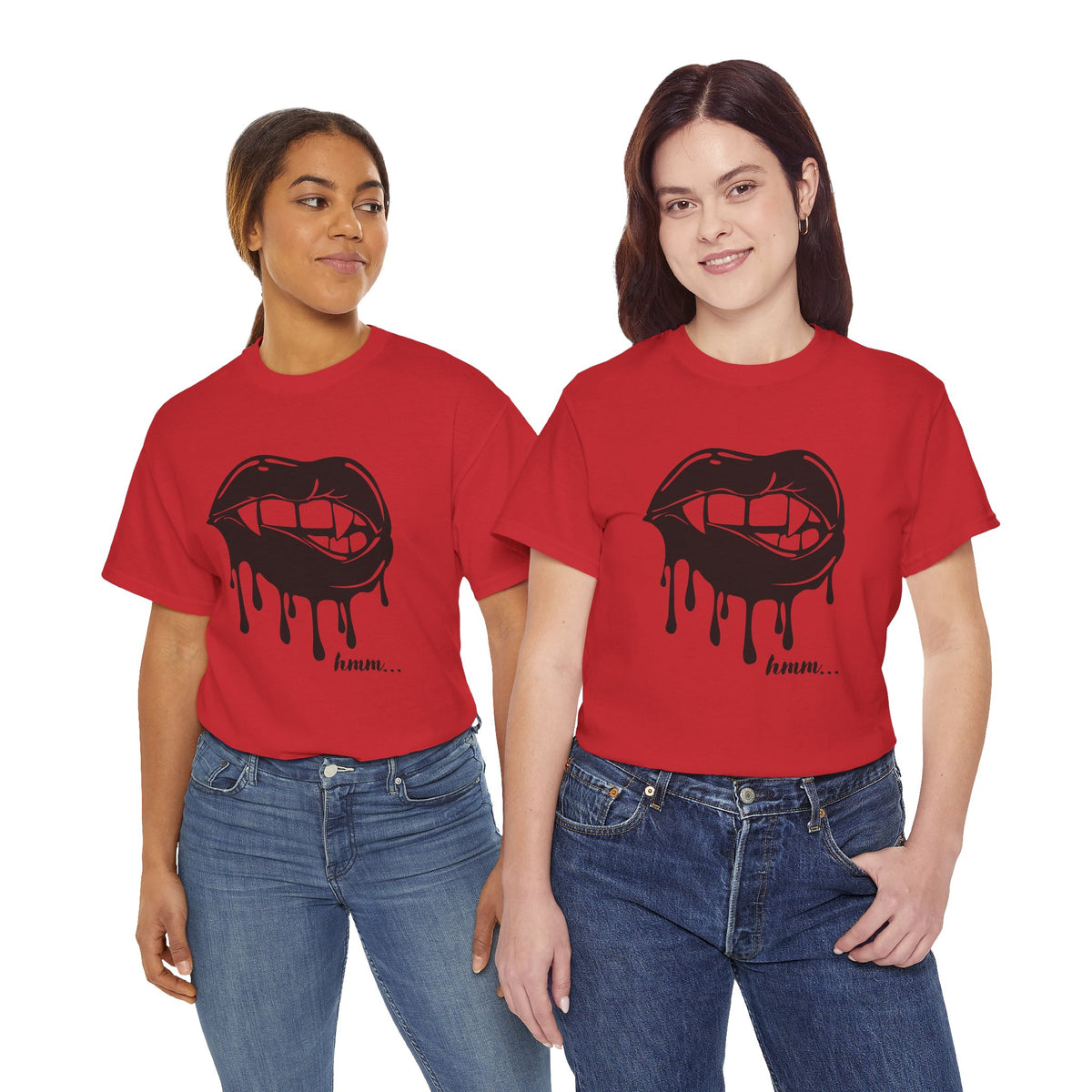Black graphic t-shirt by Printify featuring dripping lips with 'hmm...' bite design on the front.