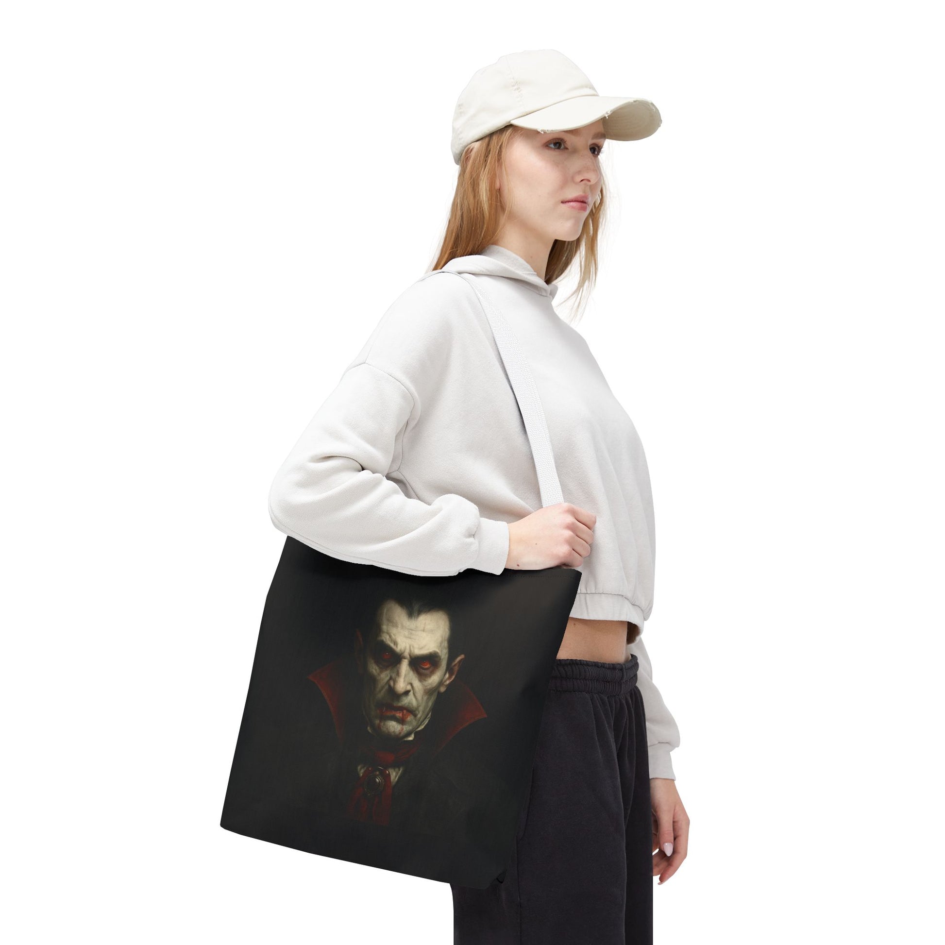 Black vampire-themed tote bag with spooky gothic design by Printify, perfect for Halloween accessories and gothic fashion.