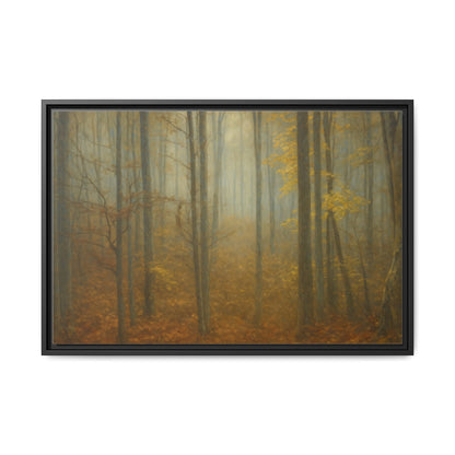 Framed matte canvas wall art of a misty autumn forest scene by Printify, featuring warm fall colors and detailed tree silhouettes.