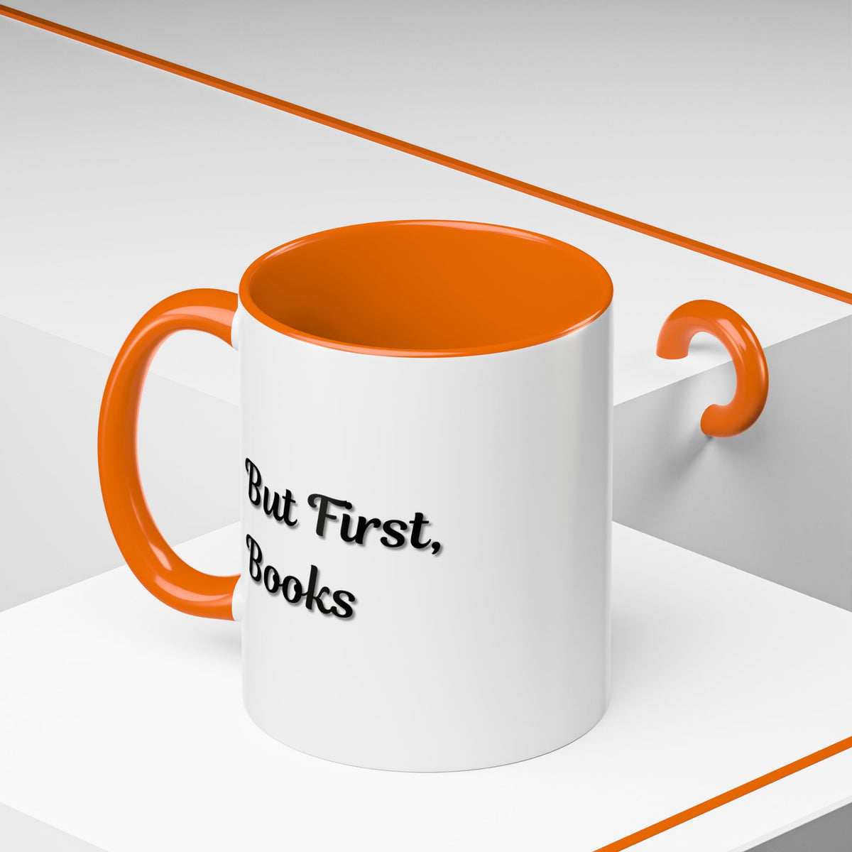 Printify "But First, Books" coffee mug featuring book lover quote in 11oz and 15oz sizes, ceramic mug with black and white design.