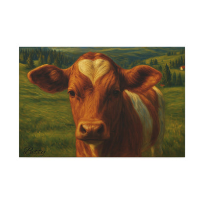 Canvas print of a cow portrait featuring a heart-shaped mark on its forehead, farm animal wall art by Printify.