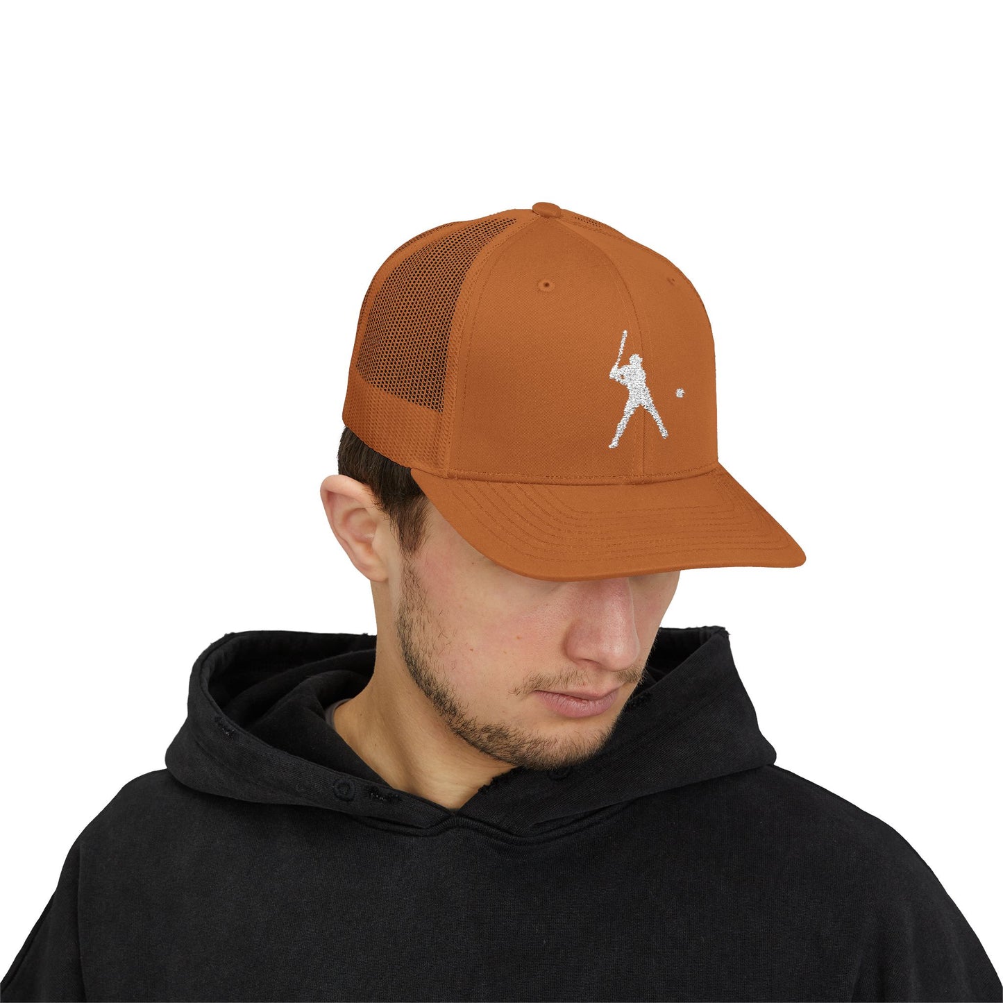 Vintage batter silhouette print on a baseball snapback trucker cap by Printify, featuring classic hat style and adjustable fit.