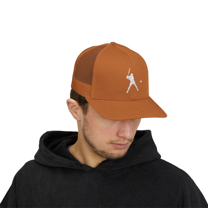 Vintage batter silhouette print on a baseball snapback trucker cap by Printify, featuring classic hat style and adjustable fit.