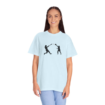 Black baseball silhouette graphic T-shirt from Printify, featuring minimal baseball players design on soft cotton fabric.