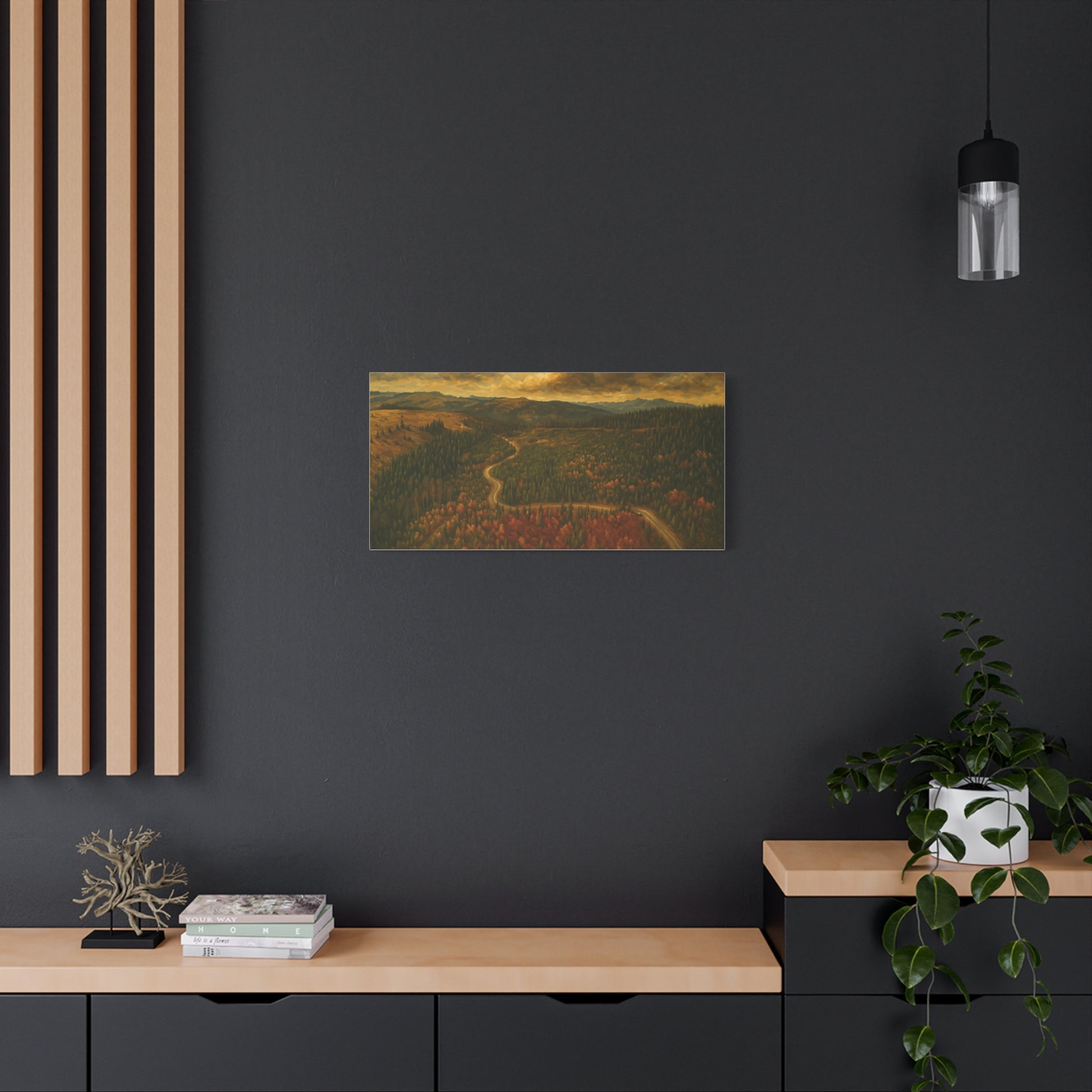 Autumn Ridge Road Moody Forest landscape canvas wall art by Printify, featuring a moody forest scene on stretched matte canvas.