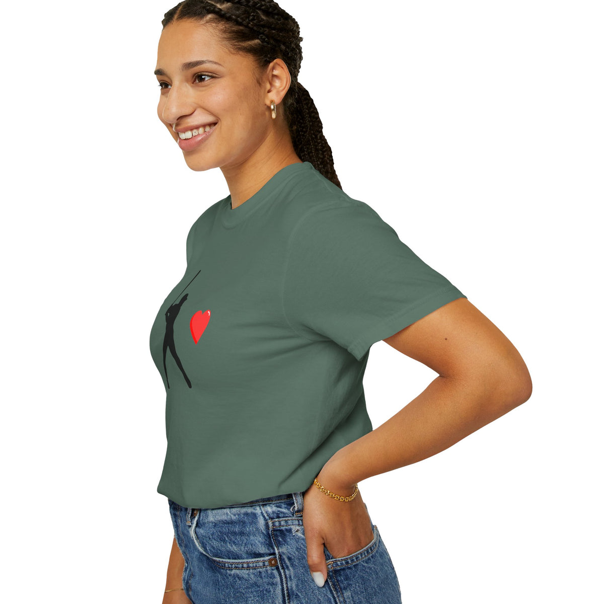 Printify baseball batter heart T-shirt showing a graphic design of a batter with a heart, casual short-sleeve cotton shirt for baseball fans.