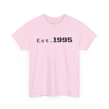 Vintage Est. 1995 T-shirt by Printify featuring minimalist design and born in 1995 birthday theme, shown on a white background.