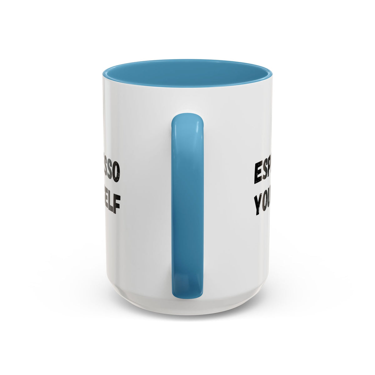Black ceramic espresso mug with "Espresso Yourself" humorous print, 11 oz size, perfect for coffee lovers.