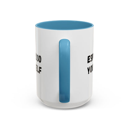 Black ceramic espresso mug with "Espresso Yourself" humorous print, 11 oz size, perfect for coffee lovers.