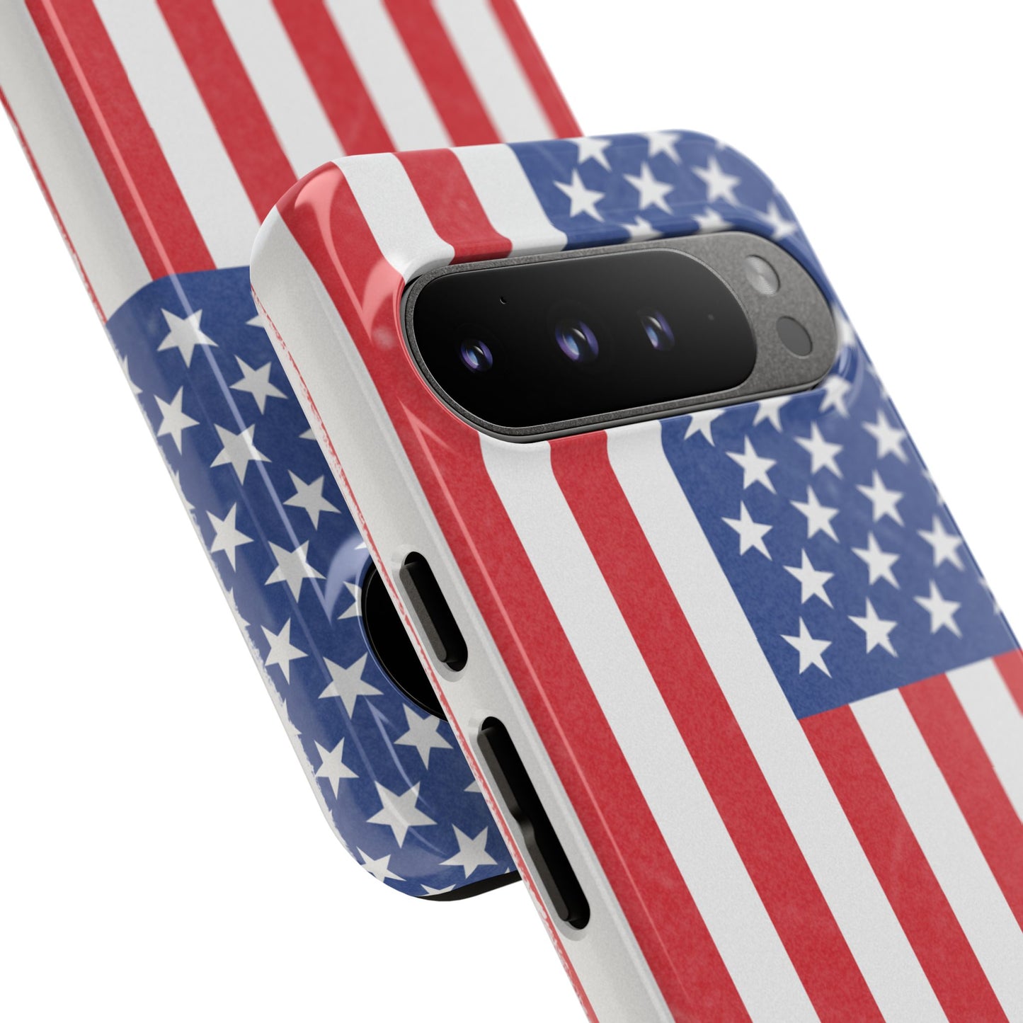 Durable American flag phone case for iPhone with patriotic design, made by Printify, featuring bold red, white, and blue flag graphics.