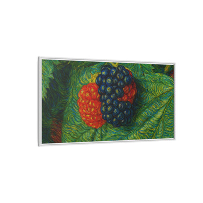 Blackberry still life framed canvas print by Printify, featuring vibrant blackberries on a natural background.