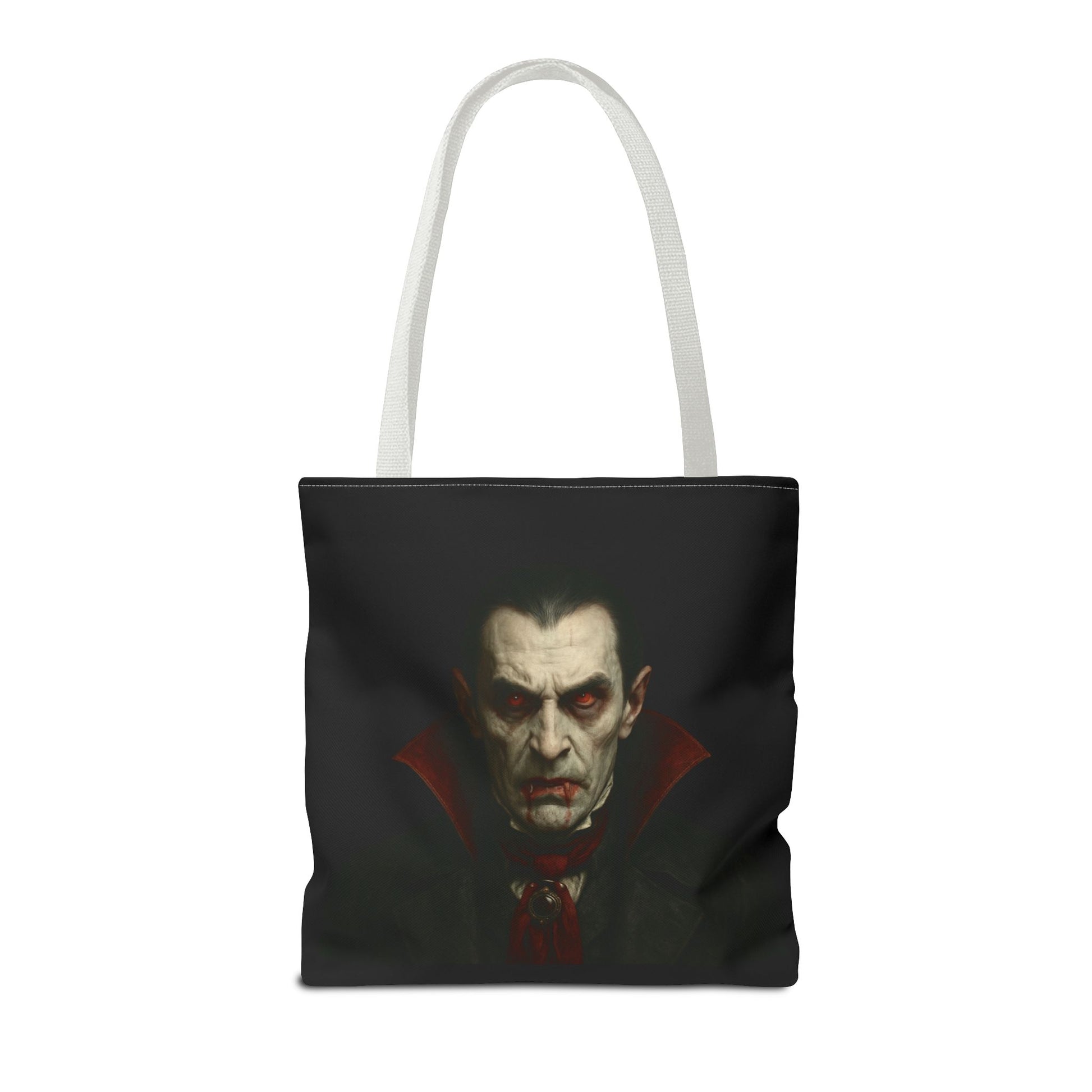 Vampire tote bag with spooky gothic design, black fabric, and printed vampire illustration, perfect for Halloween gothic fashion.