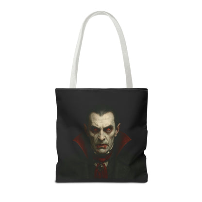 Vampire tote bag with spooky gothic design, black fabric, and printed vampire illustration, perfect for Halloween gothic fashion.