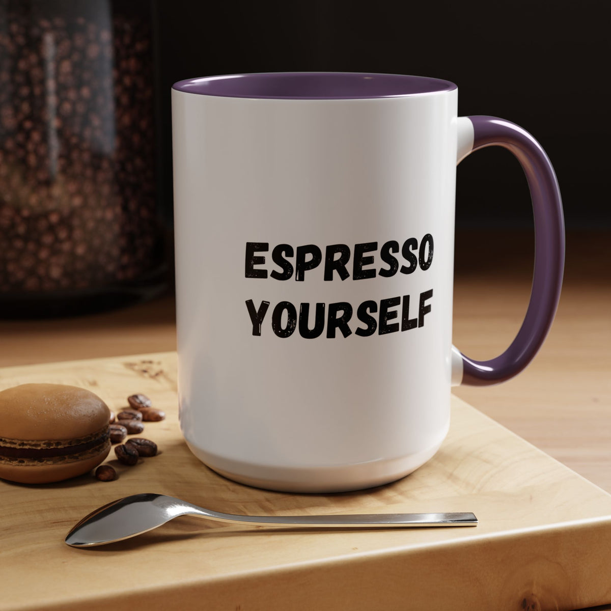 White ceramic coffee mug with "Espresso Yourself" humorous print, 11 oz size, ideal for coffee lovers.