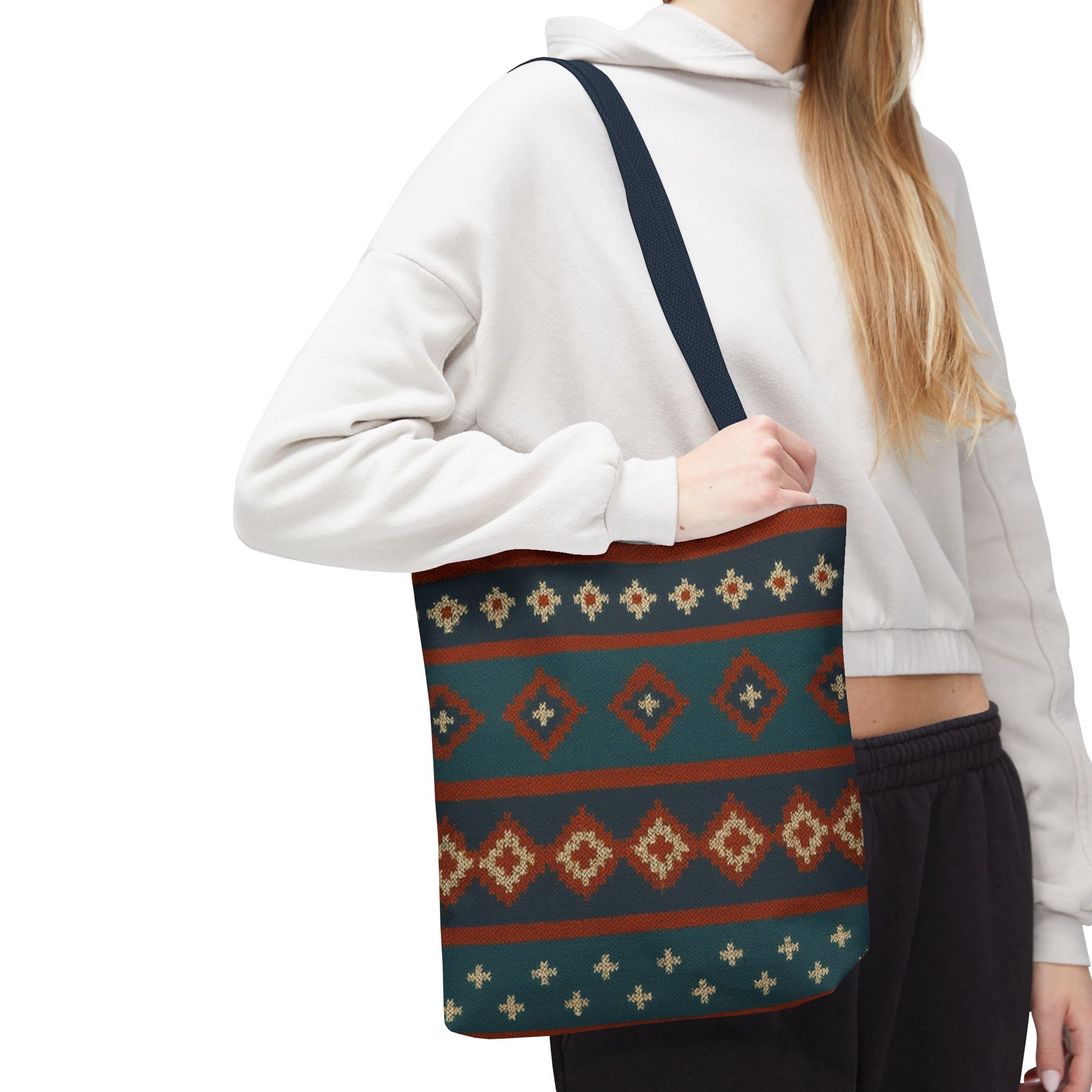 Southwestern diamond pattern tote bag with Aztec tribal geometric print, featuring sturdy handles and vibrant design.