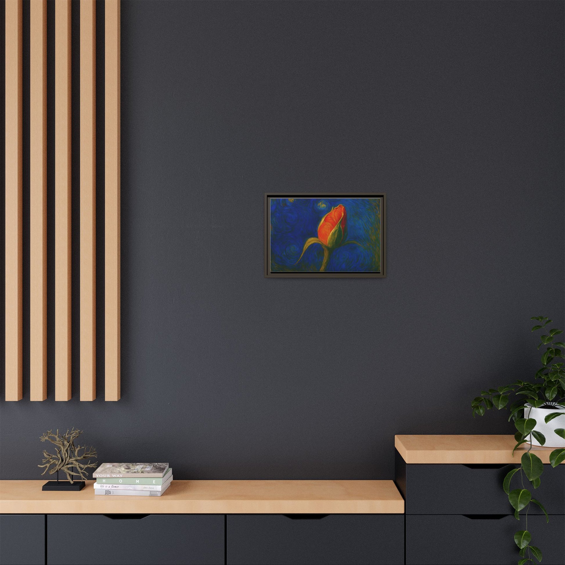 Framed canvas wall art featuring a red rose bud painting by Printify, matte finish, vibrant floral decor for home or office.
