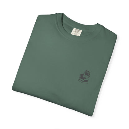 Cozy Cat on Books T-Shirt | Reading Tea Stack Illustration