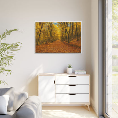 Autumn forest path matte canvas wall art by Printify featuring a scenic woodland trail with fall foliage and a framed design.