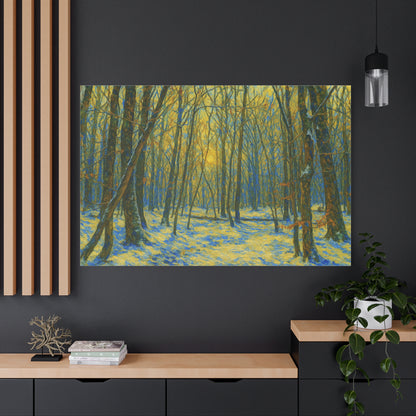 Winter woodland canvas print by Printify featuring sunlight filtering through trees, matte stretched forest scene artwork.