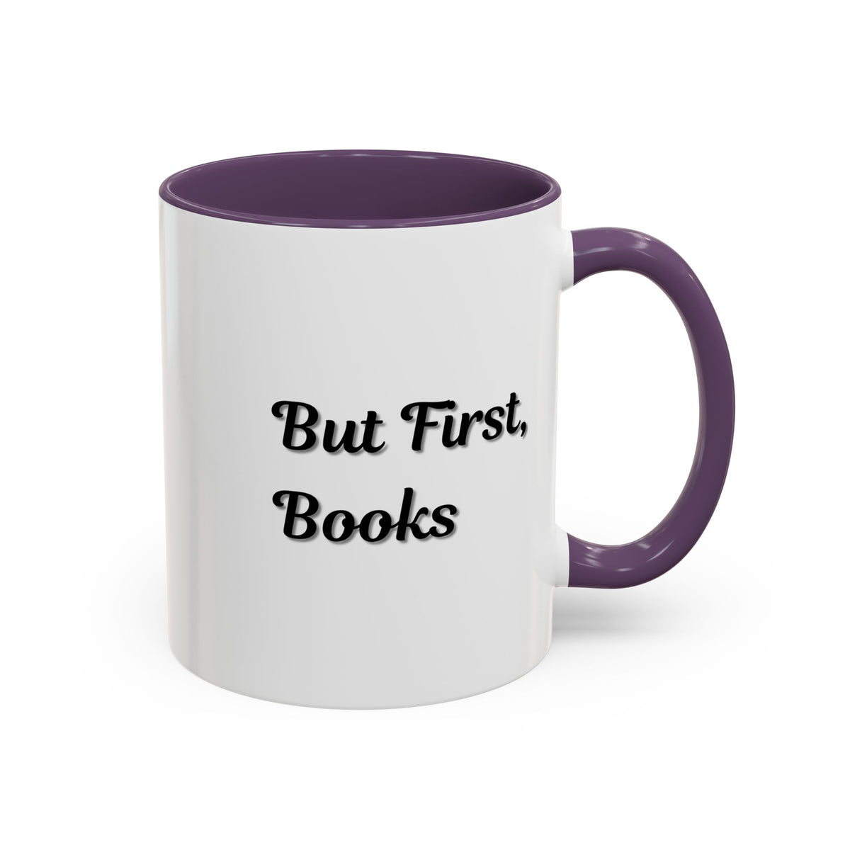 Printify "But First, Books" coffee mug featuring a book lover design in 11oz and 15oz sizes, ceramic with printed text.