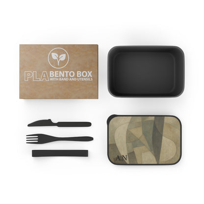 Abstract geometric pattern PLA bento lunchbox with band and utensils, designed for eco-friendly accessories and convenient meal prep.