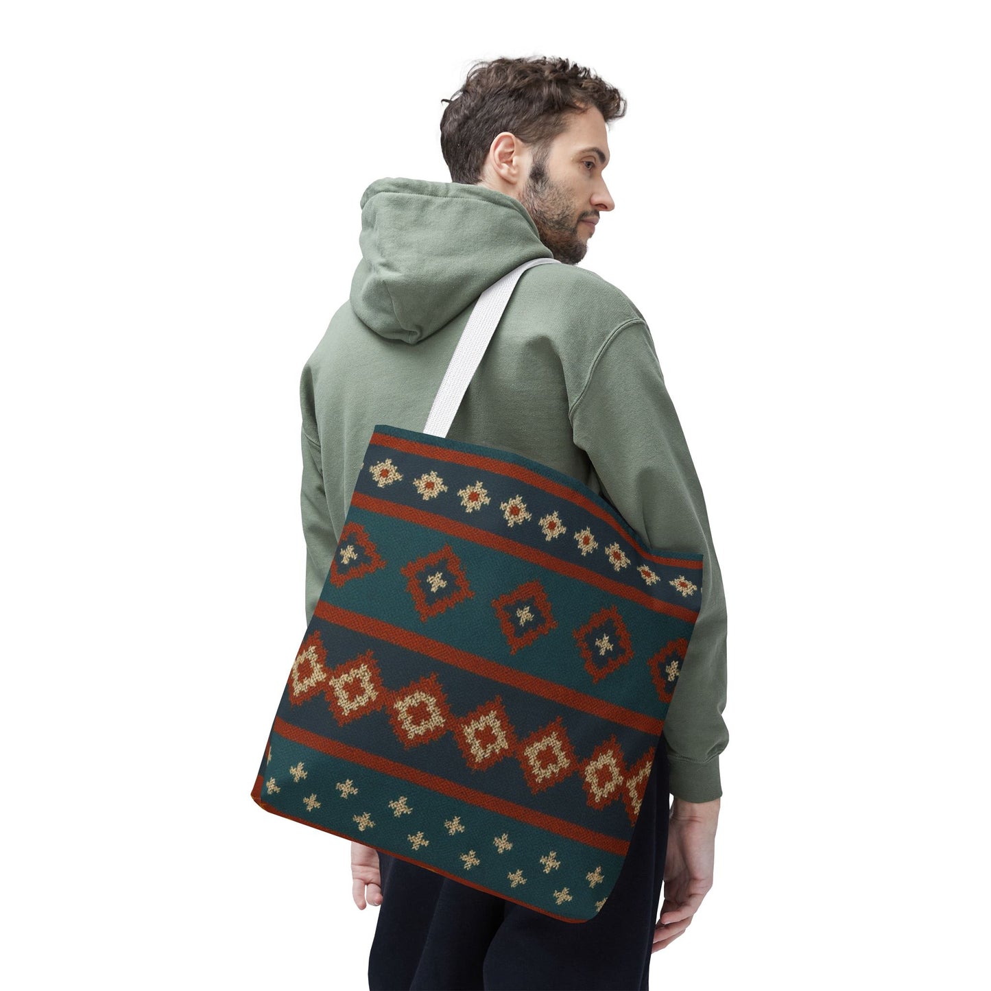 Southwestern diamond pattern tote bag with aztec tribal geometric print, featuring sturdy handles and vibrant design.