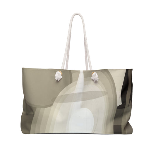 Beige Printify weekender bag with neutral abstract geode and stone strata pattern, made of durable fabric for travel.