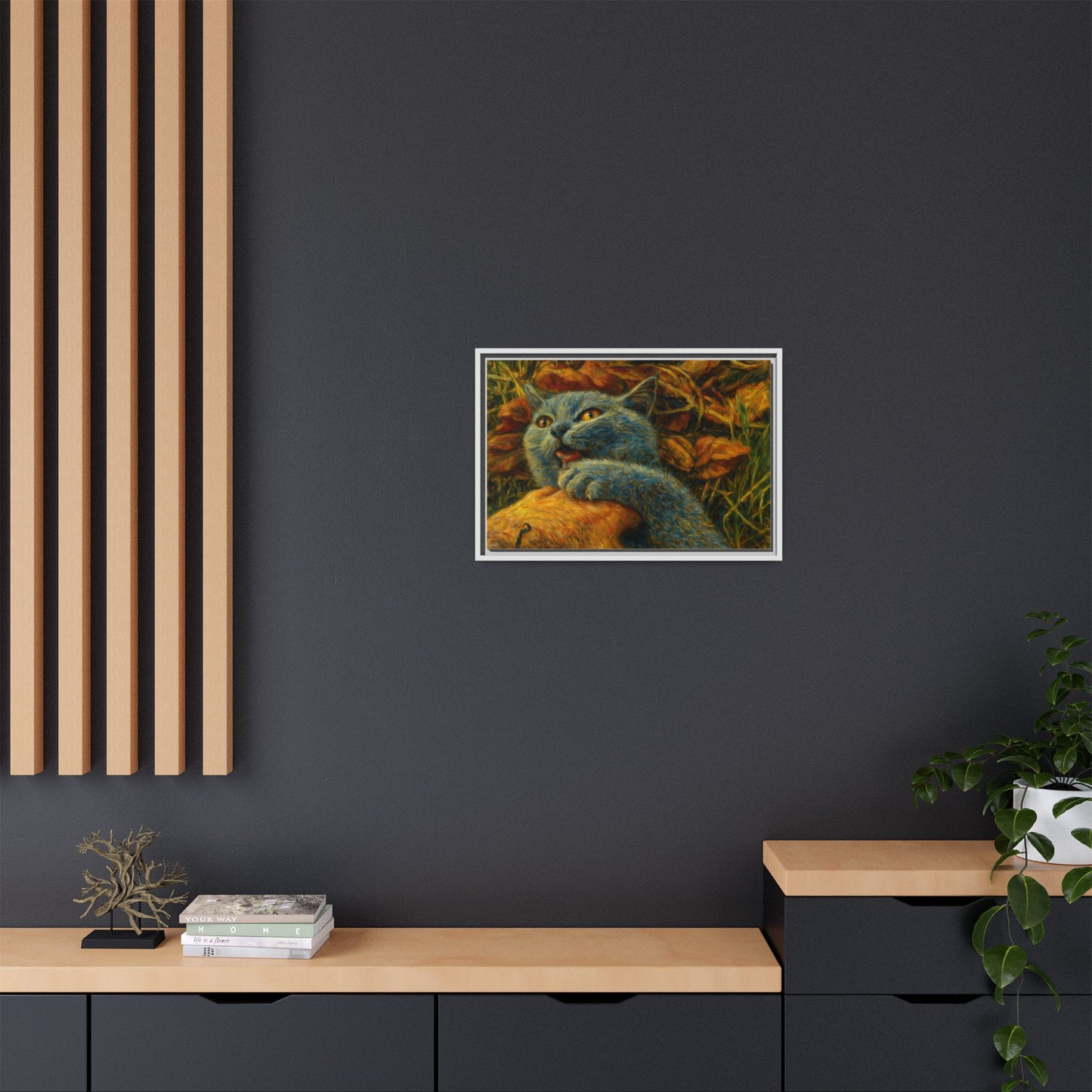 Blue cat canvas print featuring whimsical wall art, perfect as a gift for cat lovers, by Printify.