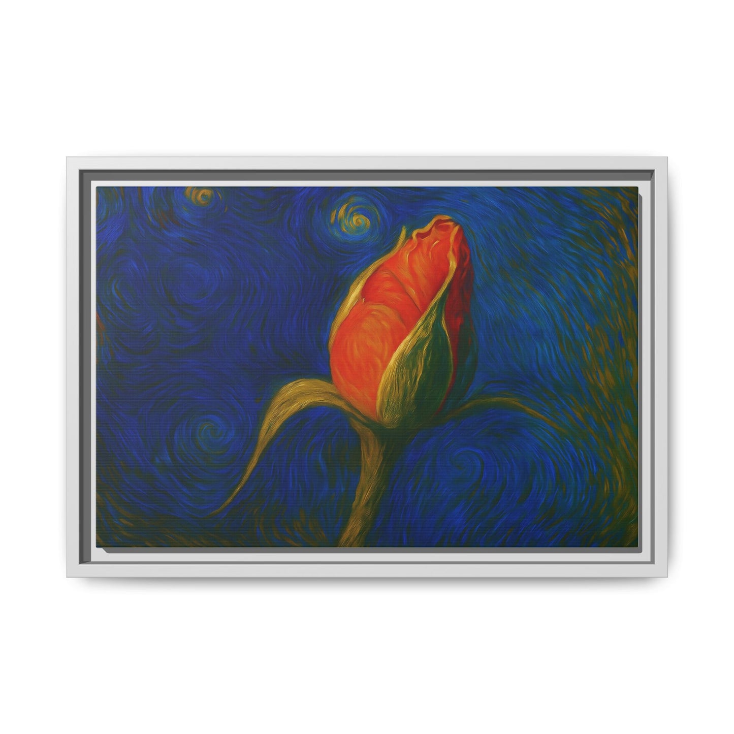 Framed red rose bud painting on canvas, matte wall art by Printify showcasing detailed floral artwork.