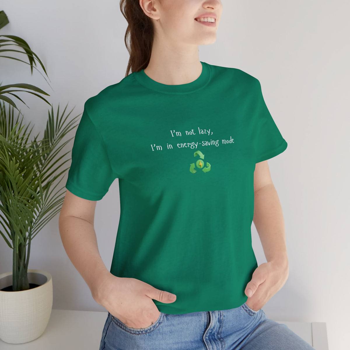 Eco-friendly mock T-shirt from Printify featuring humorous "I'm Not Lazy, I'm an Energy-Saving" slogan design.