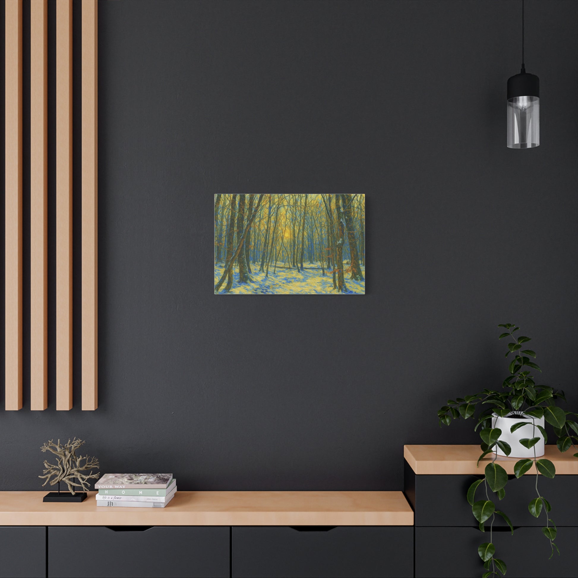 Winter woodland forest sunlight canvas print, matte stretched art by Printify showcasing a serene winter scene.