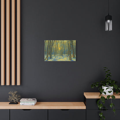 Winter woodland forest sunlight canvas print, matte stretched art by Printify showcasing a serene winter scene.