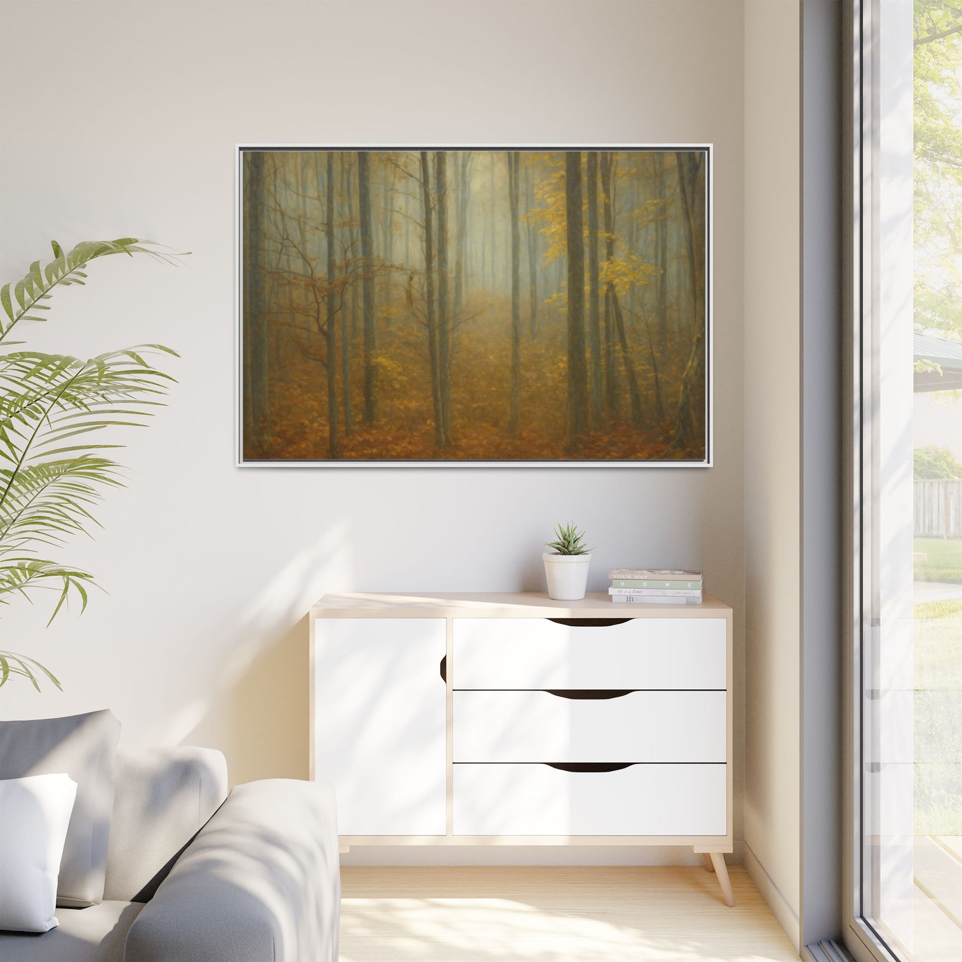 Framed matte canvas wall art of a misty autumn forest, featuring vibrant fall colors and natural landscape details.