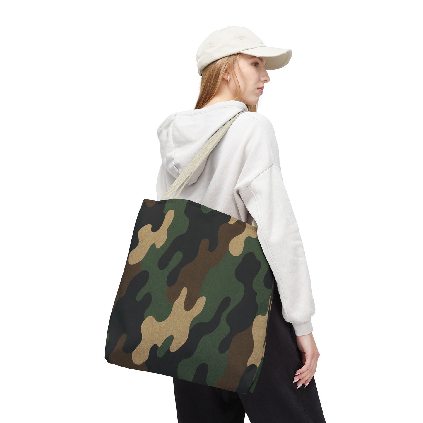 Camo pattern tote bag by Printify featuring an all-over camouflage print on durable canvas material.