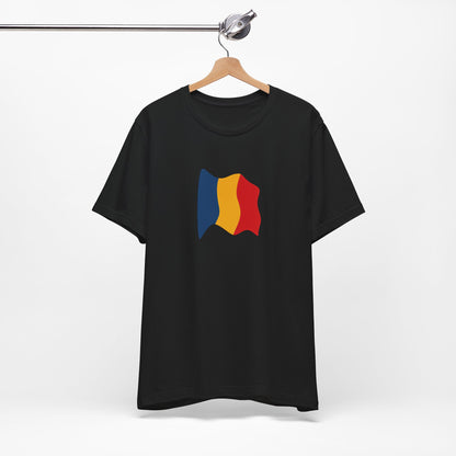 Romania flag T-shirt featuring minimal waving tricolor design, casual cotton tee by Printify with Romanian national colors.