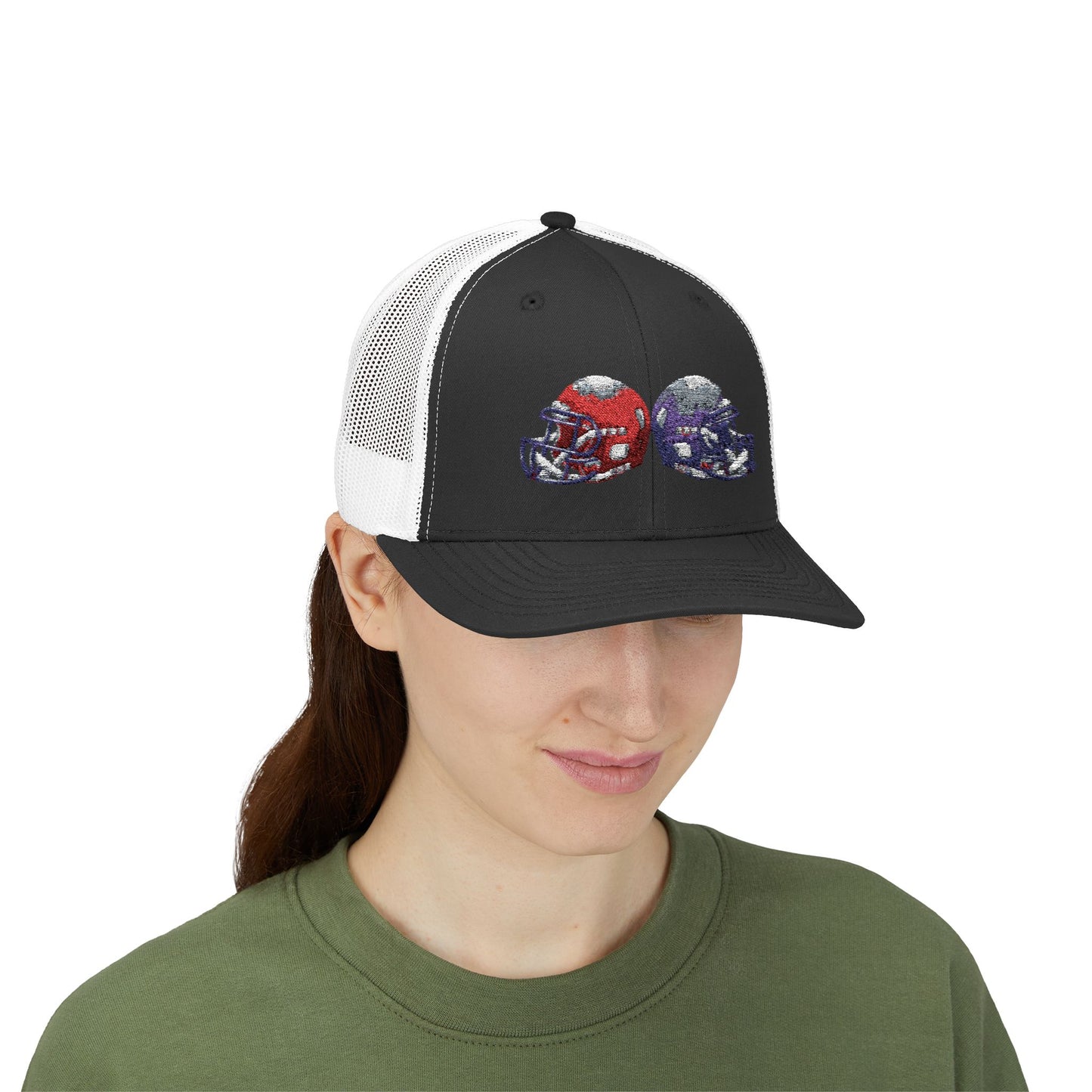 Sporty Snapback Trucker Cap with Football Helmets, Baseball Cap, Outdoor Activity Hat, Gift for Sports Fans, Team Spirit Wear - TRV
