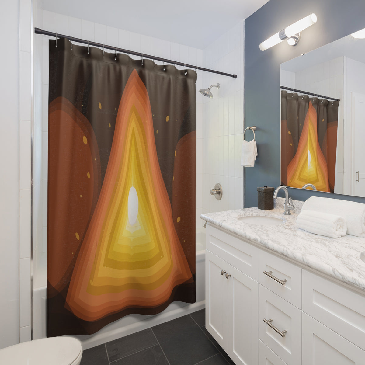 Layered Flame Geode shower curtain with abstract warm tones, featuring a vibrant, artistic design for modern bathroom decor.
