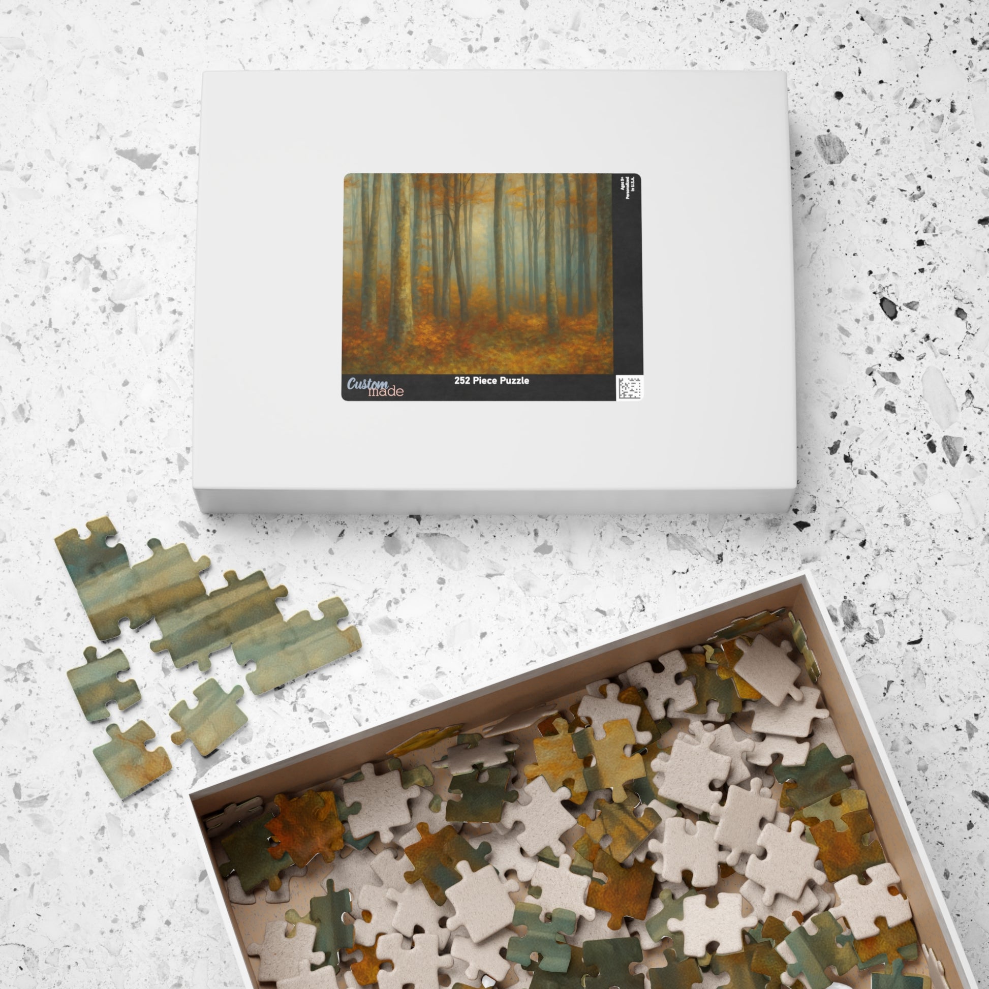 Misty autumn forest puzzle featuring woodland trees, designed by Printify, with vibrant fall colors and detailed natural scenery.