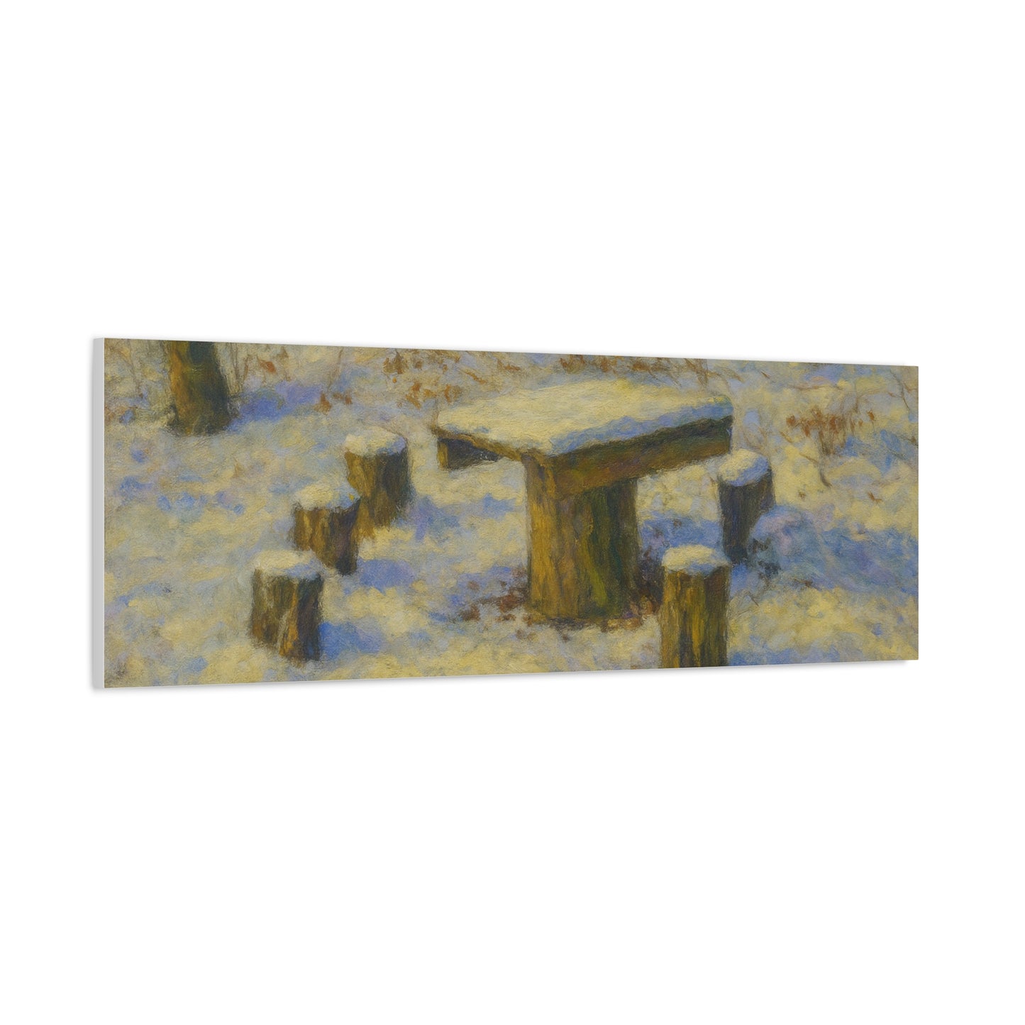 Snowy forest winter landscape canvas wall art, matte stretched print showcasing a serene winter scene with snow-covered trees.